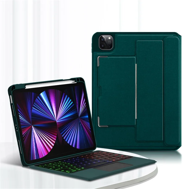 JIUYU For iPad Pro 12.9 (2022)  / (2021) / (2020) / (2018) Leather Case + Bluetooth-compatible Keyboard with Backlight Trackpad - Blackish Green