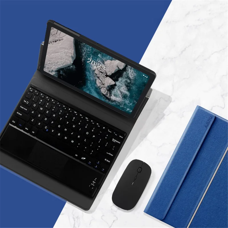 JIUYU for Nokia T20 Detachable Bluetooth-compatible Keyboard with Hinge Stand Leather Case - Blue