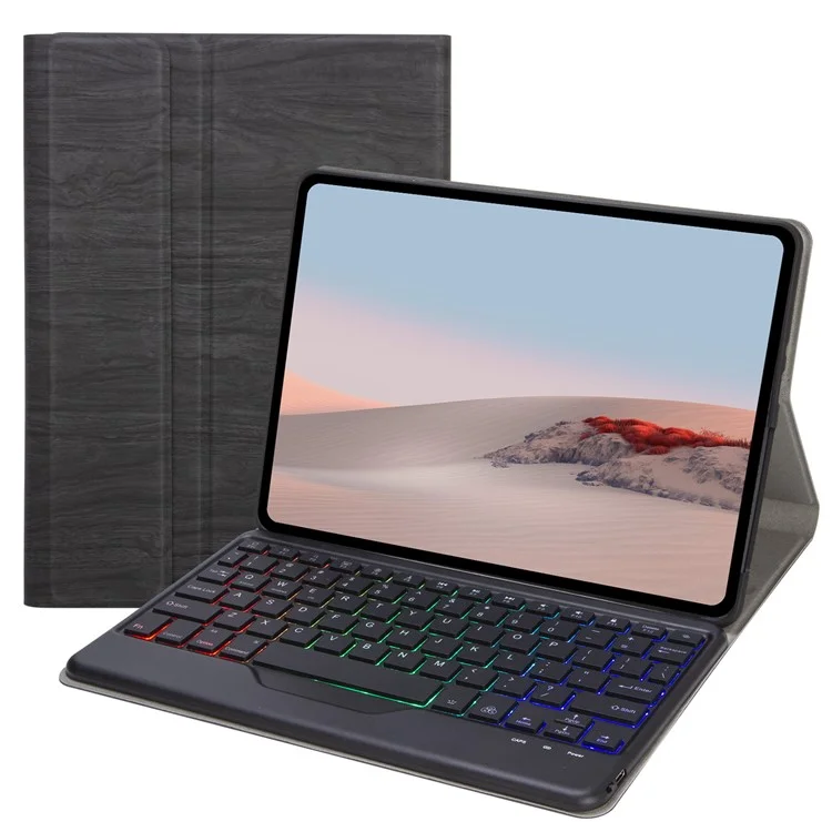 Per Microsoft Surface Go/Go 2/Go 3 Tastiera Bluetooth 5.0 con retroilluminazione a tre colori + Set di custodia in pelle sintetica con texture in legno rimovibile - Nero