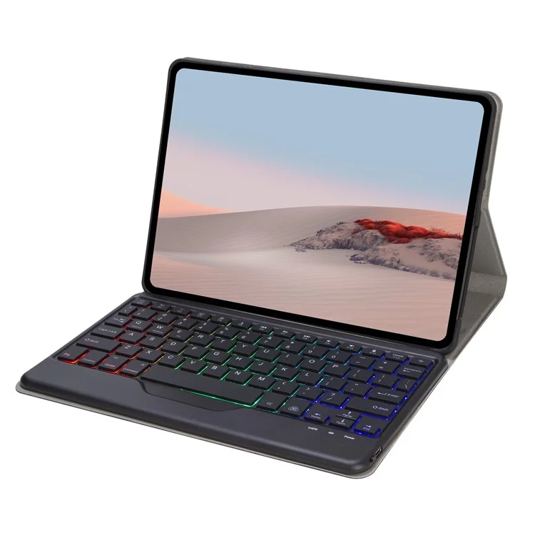 Per Microsoft Surface Go/Go 2/Go 3 Tastiera Bluetooth 5.0 con retroilluminazione a tre colori + Set di custodia in pelle sintetica con texture in legno rimovibile - Nero