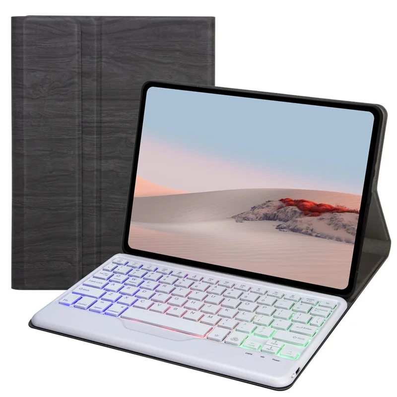 For Microsoft Surface Go/Go 2/Go 3 Three Colors Backlit Bluetooth-compatible 5.0 Keyboard + Wood Texture PU Leather Outer Cover Set Detachable Keyboard Slim Leather Folio Smart Cover - White
