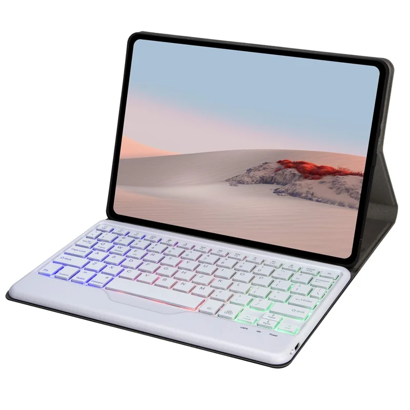 For Microsoft Surface Go/Go 2/Go 3 Three Colors Backlit Bluetooth-compatible 5.0 Keyboard + Wood Texture PU Leather Outer Cover Set Detachable Keyboard Slim Leather Folio Smart Cover - White
