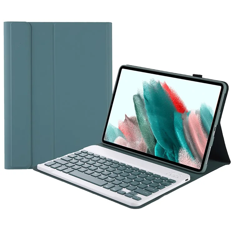 A08 for Samsung Galaxy Tab A8 10.5 (2021) / (2022) (SM-X205 / X200) Ultra Thin Tablet Stand Cover Leather Protective Case + Bluetooth-compatible Keyboard - Dark Green