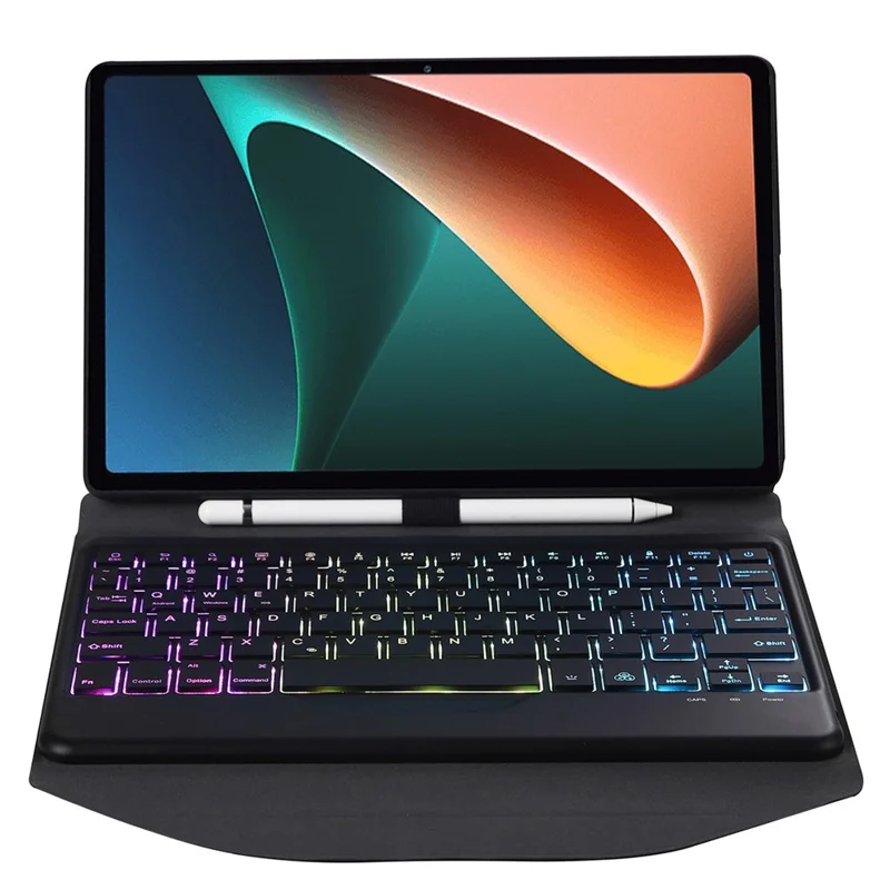 B0N5S For Xiaomi Pad 5/5 Pro Bluetooth-compatible Keyboard Case Backlit Wireless Keyboard Tablet Leather Cover + TPU Back Shell with Triangle Stand - Black/Black