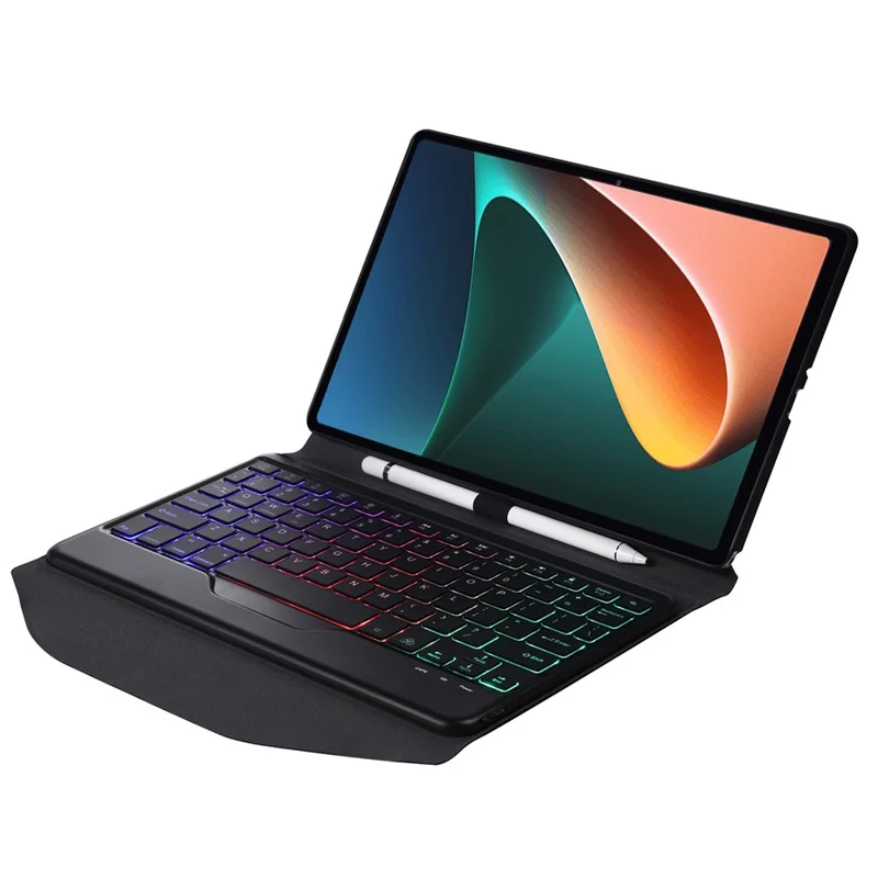 B0N5S For Xiaomi Pad 5/5 Pro Bluetooth-compatible Keyboard Case Backlit Wireless Keyboard Tablet Leather Cover + TPU Back Shell with Triangle Stand - Black/Black
