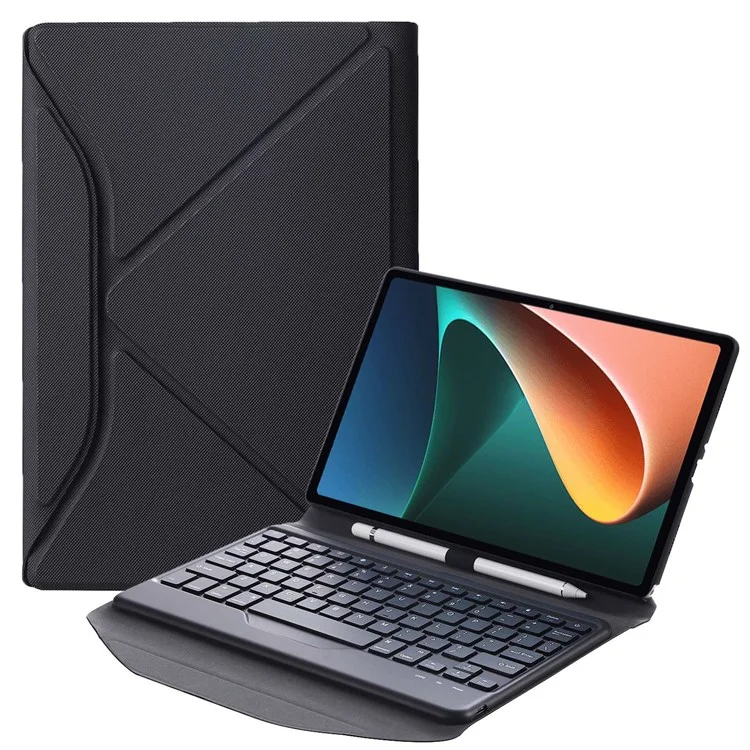 B0N5S Bluetooth-Compatible Keyboard Case for Lenovo Tab M10 Plus (3rd Gen) TB-125FU Leather Cover with Triangle Stand / Pen Slot - Black / Black