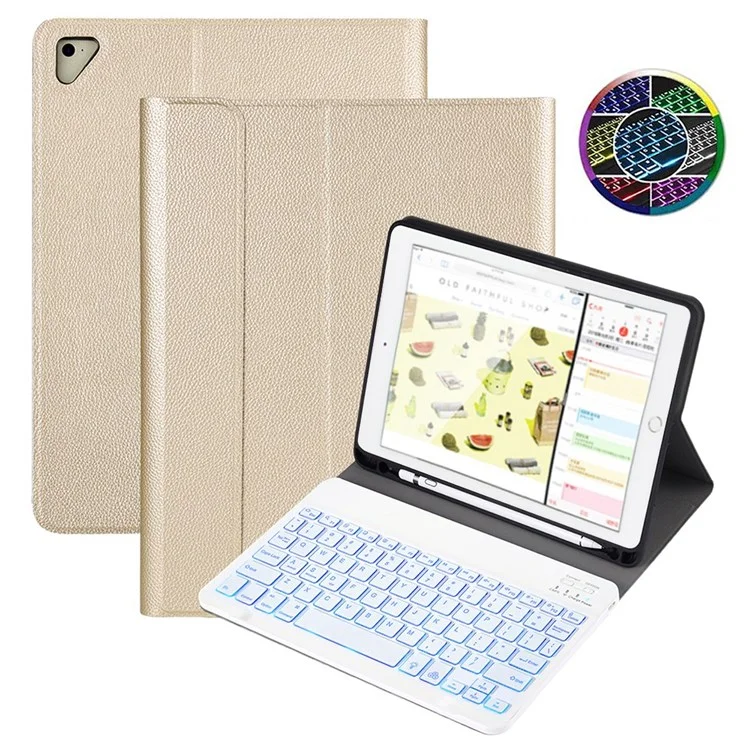 Para IPad 9.7 Pulgadas (2017)/(2018)/Pro 9.7 Pulgadas (2016)/Air 2/Air (2013) Bluetooth Portátil Con Un Caso De Protección Anti-Drop Anti-Drop De Retroiluminación De 7 Colores + Litchi Textura - Oro