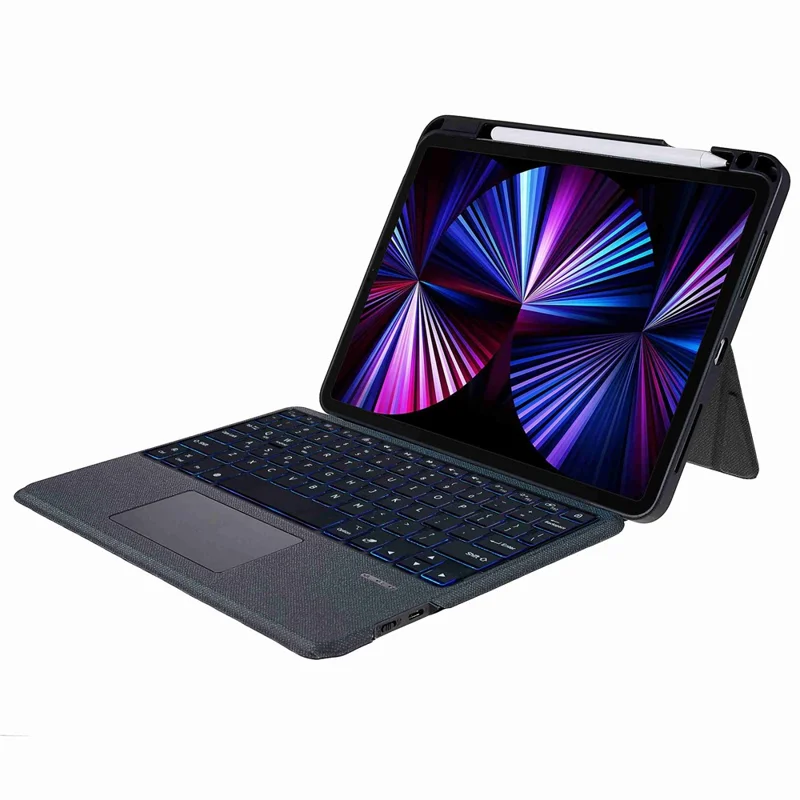 JIUYU for iPad Pro 12.9-inch (2020) / (2021) Leather Case + Bluetooth-Compatible Keyboard with Backlight Trackpad - Black