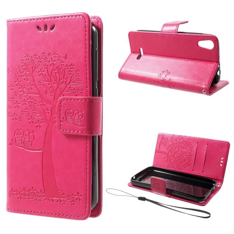 Imprint Tree Owl Magnetic Wallet PU Leather Stand Cover for Wiko Lenny 4 - Rose