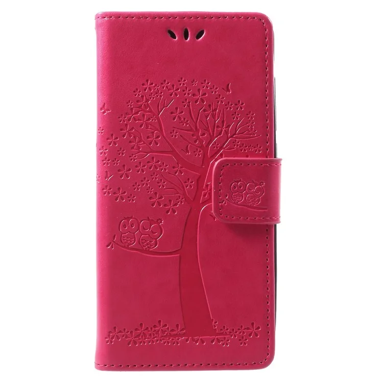 Imprint Tree Owl Magnetic Wallet PU Leather Stand Cover for Wiko Lenny 4 - Rose