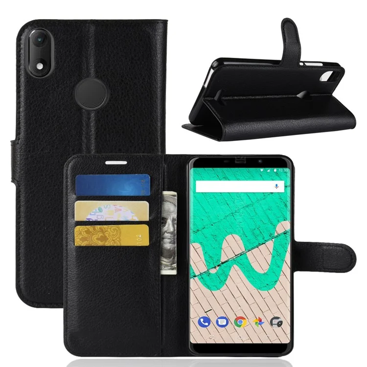 Litchi Texture Wallet Stand Leather Case for Wiko View Max - Black