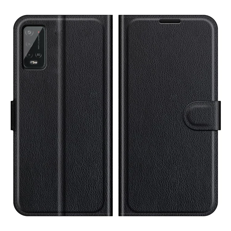 Litchi-Leder-Brieftasche / Standfuß Hülle für Wiko Power U20 - Schwarz