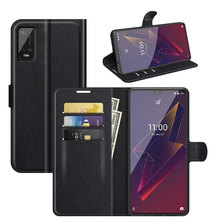 Litchi-Leder-Brieftasche / Standfuß Hülle für Wiko Power U20 - Schwarz