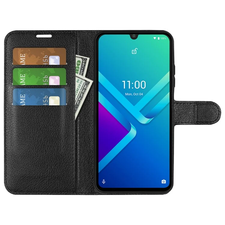 Für Wiko Y82 Geldbörse Kratzfeste Litchi-Struktur PU-Leder Klapphülle Ständer Magnetverschluss Folio Buch Handyhülle - Schwarz