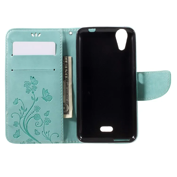 Imprinted Butterfly Flower Wallet Leather Stand Case for Wiko Rainbow Jam 4G - Cyan