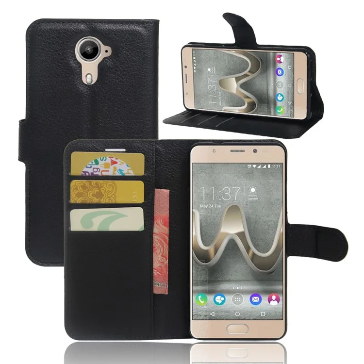 Litchi Skin Leather Wallet Case for Wiko U Feel Prime - Black