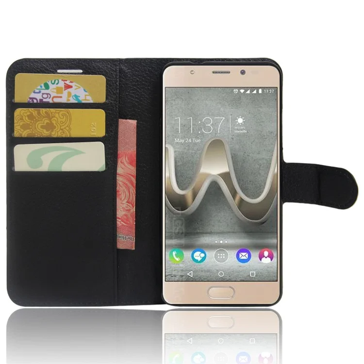 Litchi Skin Leather Wallet Case for Wiko U Feel Prime - Black