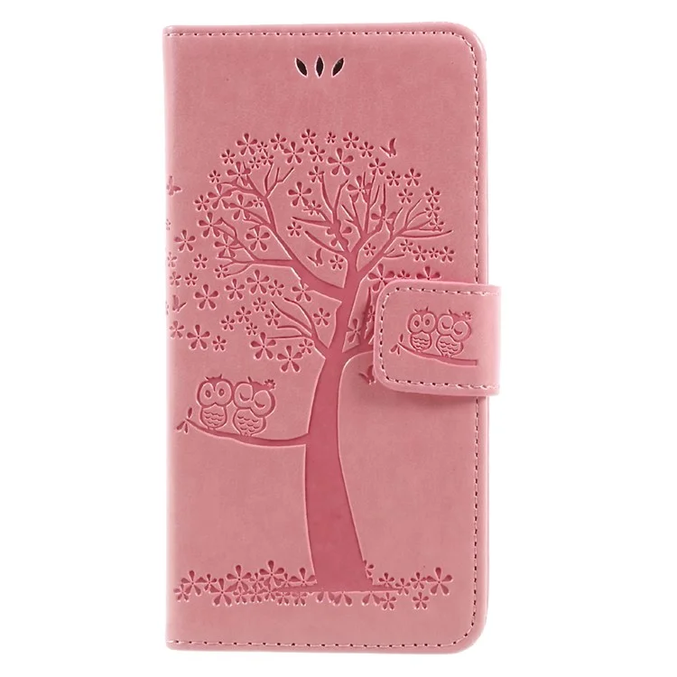 Imprint Tree Owl Magnetic Wallet Leather Stand Casing Cover for Wiko Jerry Max / Lenny 3 Max - Pink