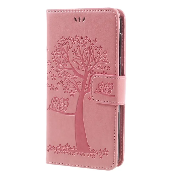 Imprint Tree Owl Magnetic Wallet Leather Stand Casing Cover for Wiko Jerry Max / Lenny 3 Max - Pink