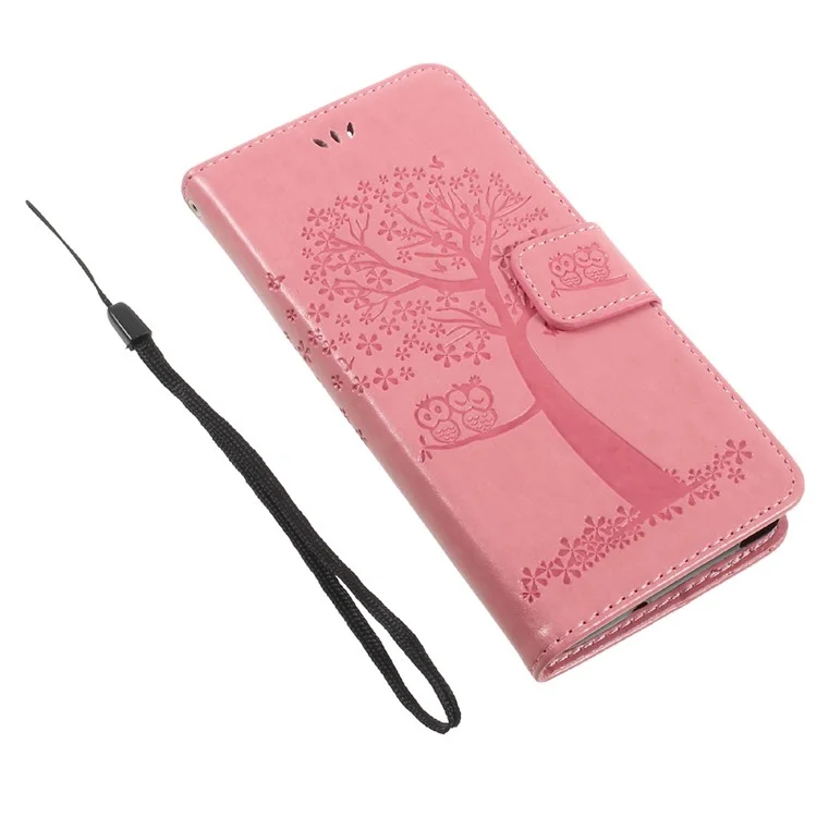 Imprint Tree Owl Magnetic Wallet Leather Stand Casing Cover for Wiko Jerry Max / Lenny 3 Max - Pink