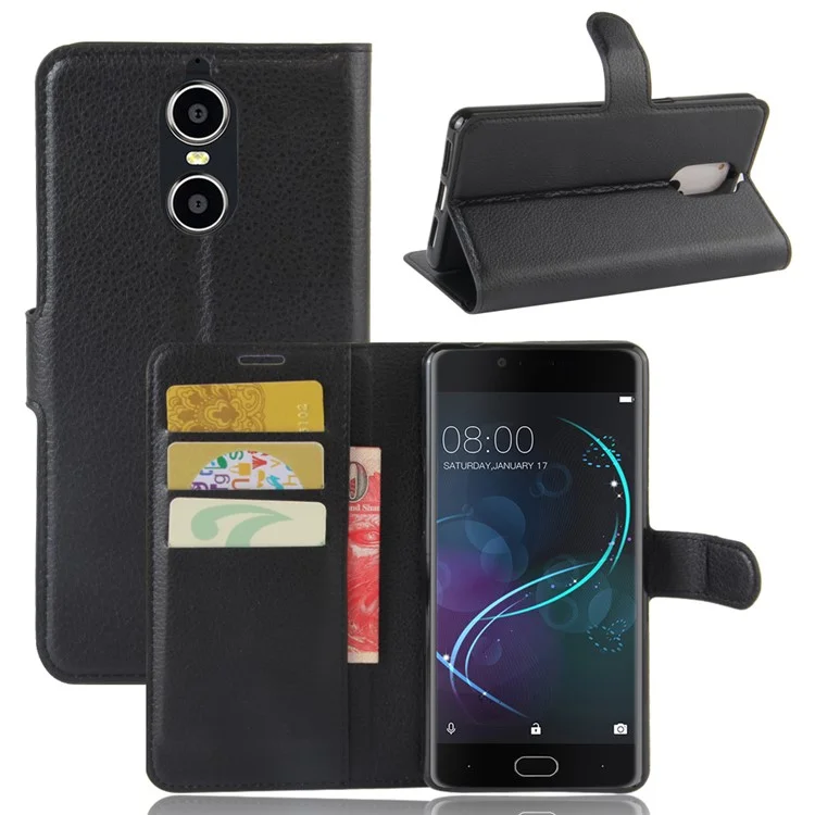 Litchi Texture Leather Wallet Cell Phone Case with Stand for Doogee Shoot 1 - Black