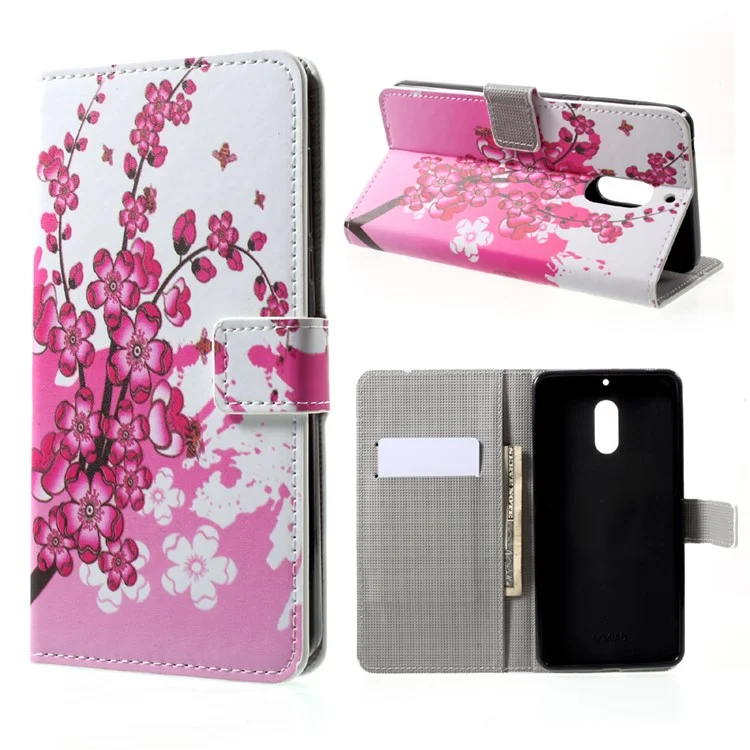 Patterned PU Leather Wallet Stand Protective Phone Shell for Nokia 6 - Peach Flower