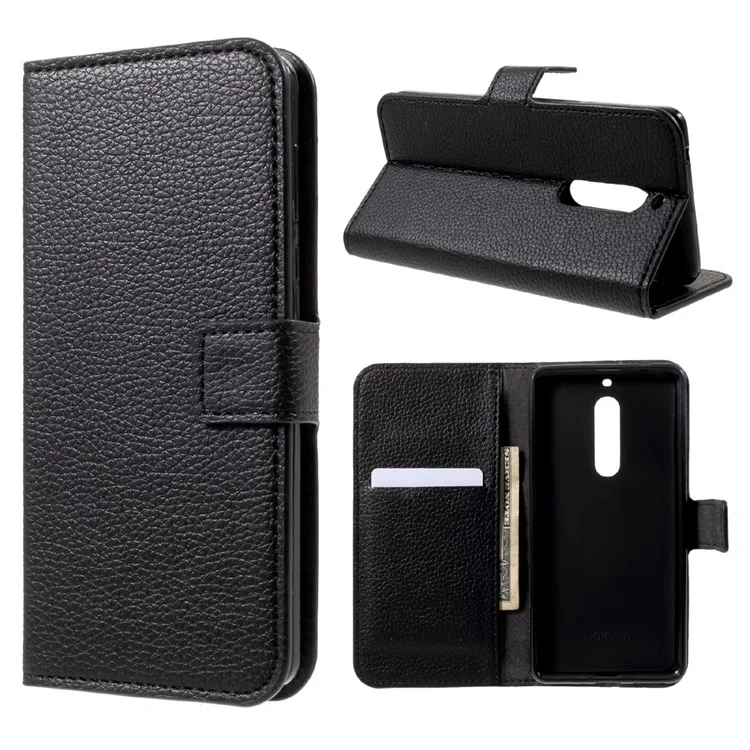 Litchi Skin Wallet Leather Magnetic Case for Nokia 5 - Black
