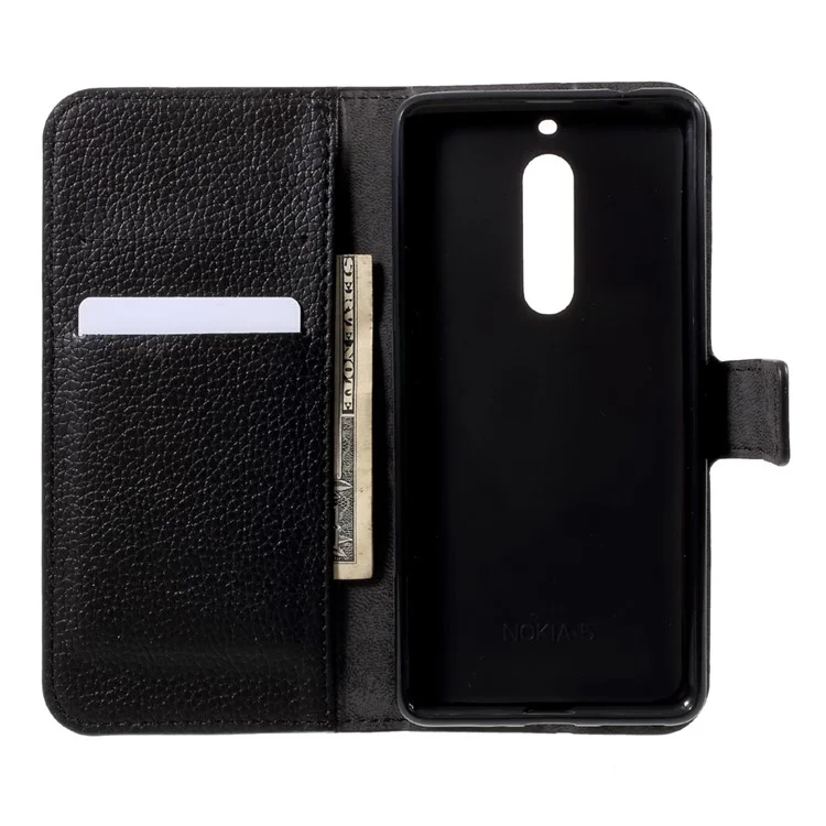 Litchi Skin Wallet Leather Magnetic Case for Nokia 5 - Black