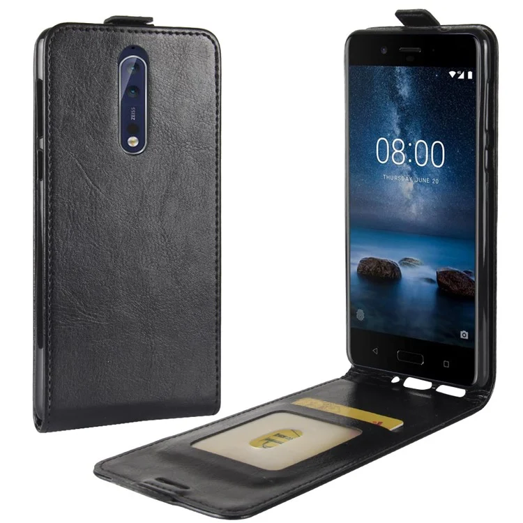 For Nokia 8 Crazy Horse Skin Leather Vertical Flip Phone Casing - Black