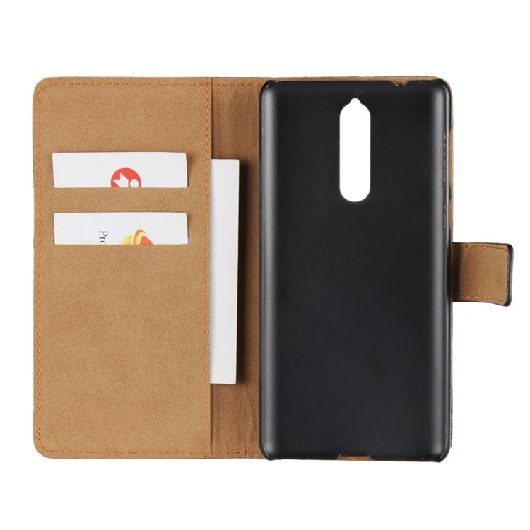 Genuine Leather Wallet Stand Cover for Nokia 8 - Black