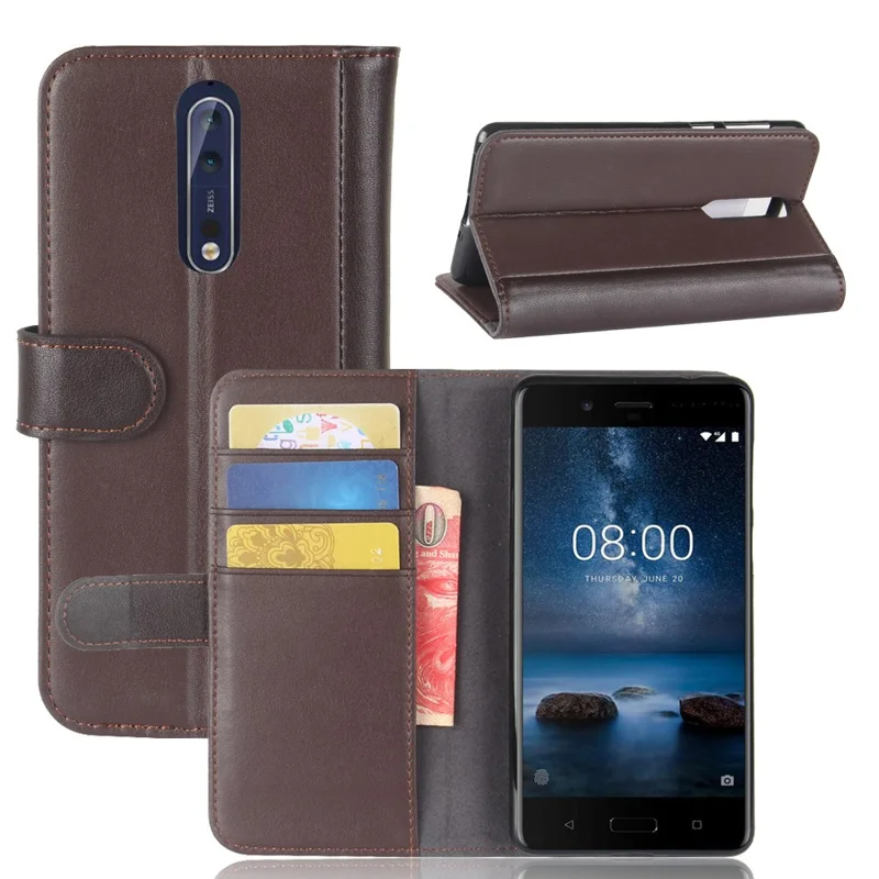 For Nokia 8 Phone Cases Genuine Split Leather Wallet Mobile Cover Stand - Coffee