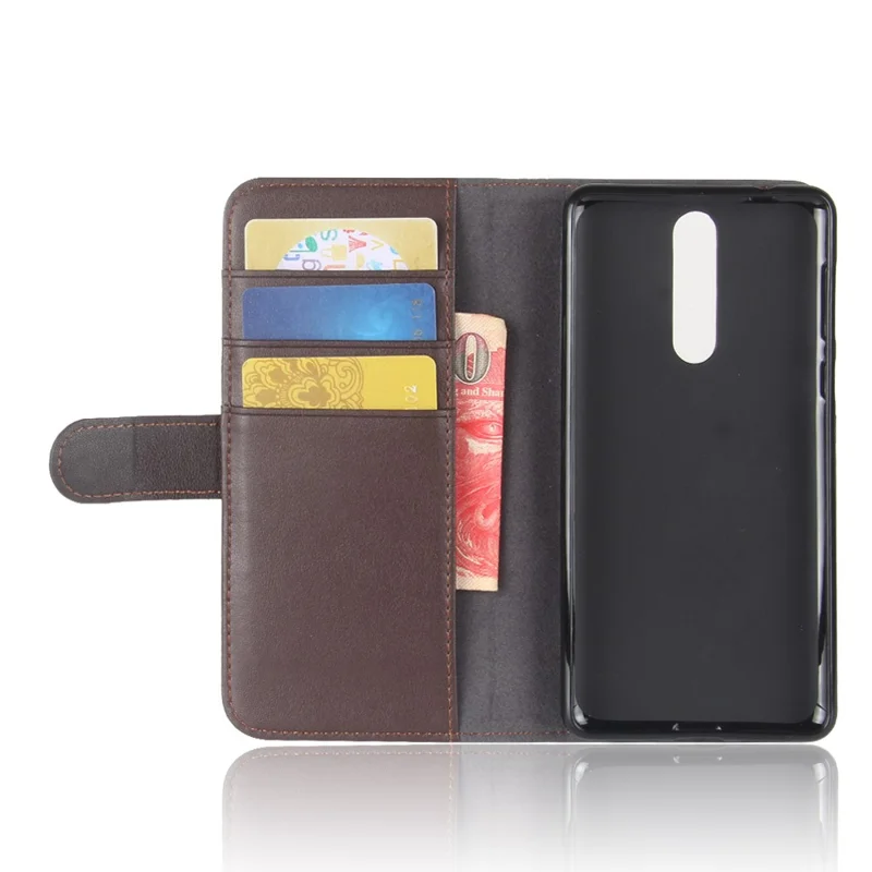 For Nokia 8 Phone Cases Genuine Split Leather Wallet Mobile Cover Stand - Coffee