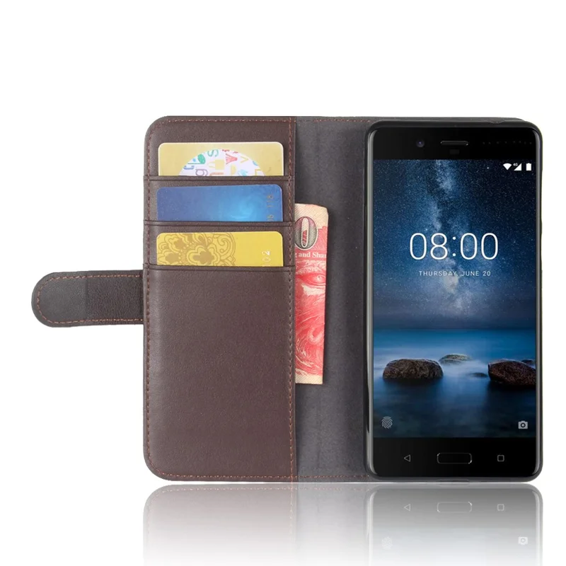 For Nokia 8 Phone Cases Genuine Split Leather Wallet Mobile Cover Stand - Coffee