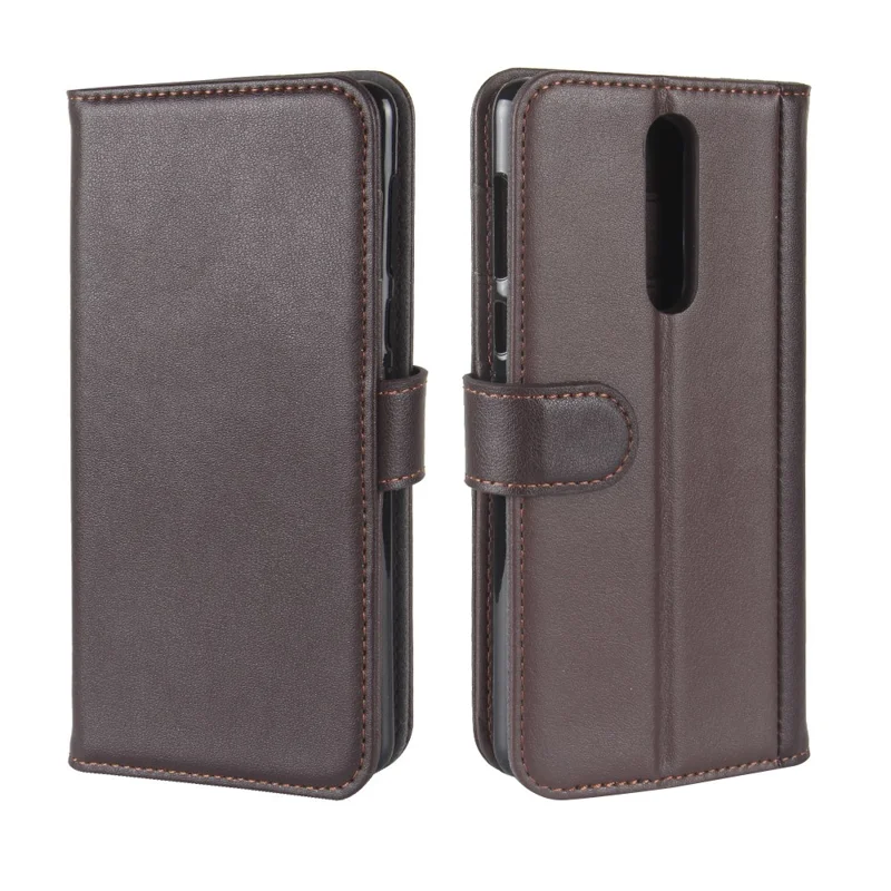 For Nokia 8 Phone Cases Genuine Split Leather Wallet Mobile Cover Stand - Coffee