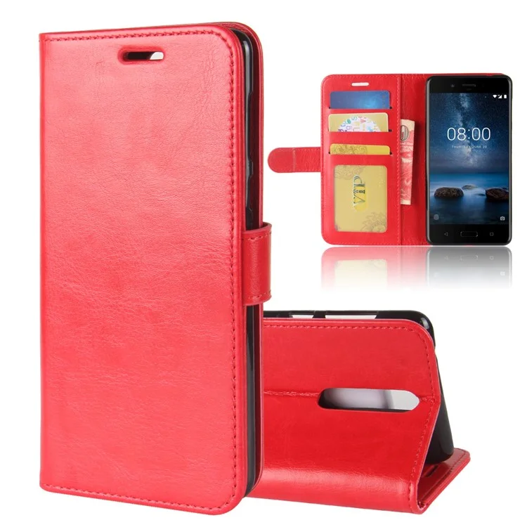 Crazy Horse PU Leather Wallet Stand Phone Cover for Nokia 8 - Red