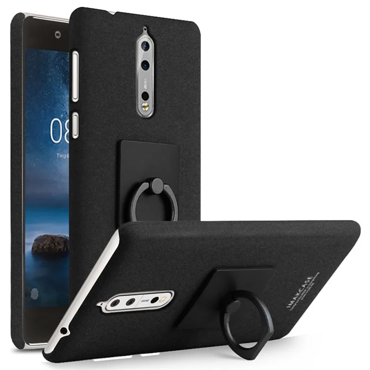IMAK for Nokia 8 Ring Holder Kickstand Matte PC Phone Case + Screen Protector - Black