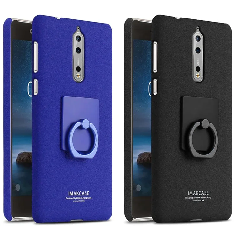 IMAK for Nokia 8 Ring Holder Kickstand Matte PC Phone Case + Screen Protector - Black