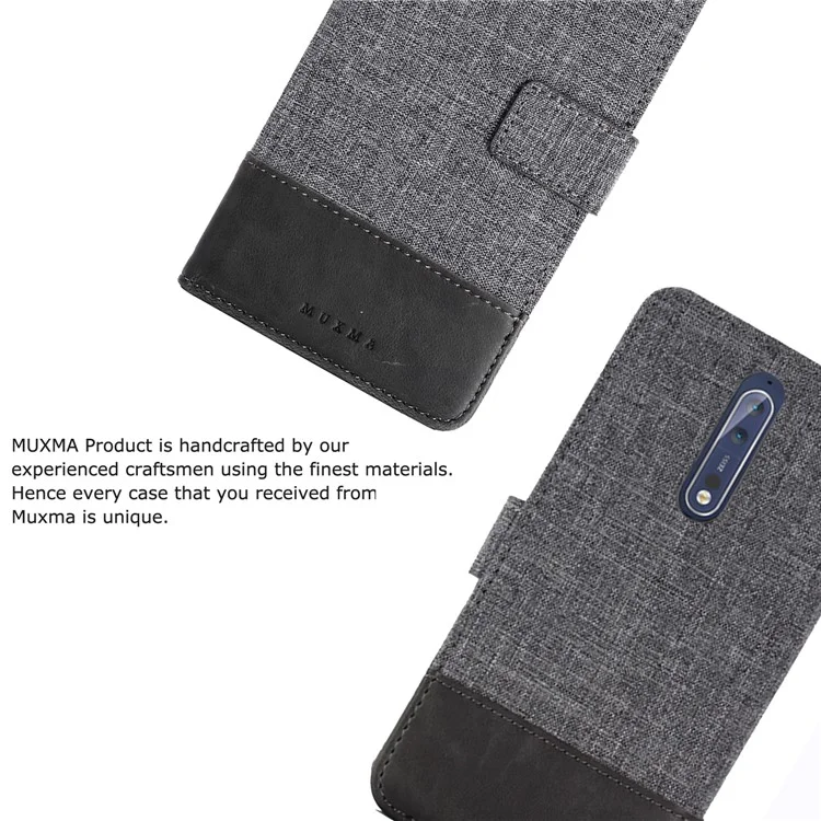 MUXMA Splicing PU Leather Canvas Wallet Phone Case for Nokia 8 - Grey