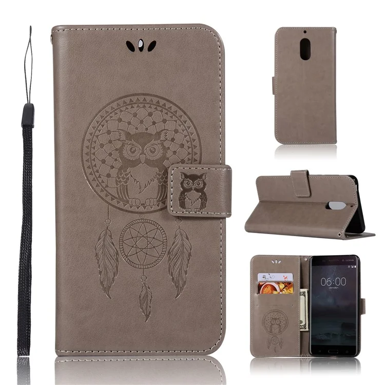 For Nokia 6 Imprint Owl Dream Catcher Pattern Wallet Leather Stand Phone Cover - Grey
