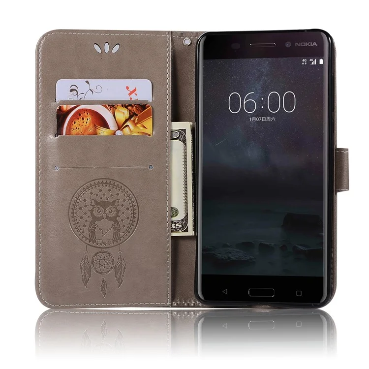 For Nokia 6 Imprint Owl Dream Catcher Pattern Wallet Leather Stand Phone Cover - Grey
