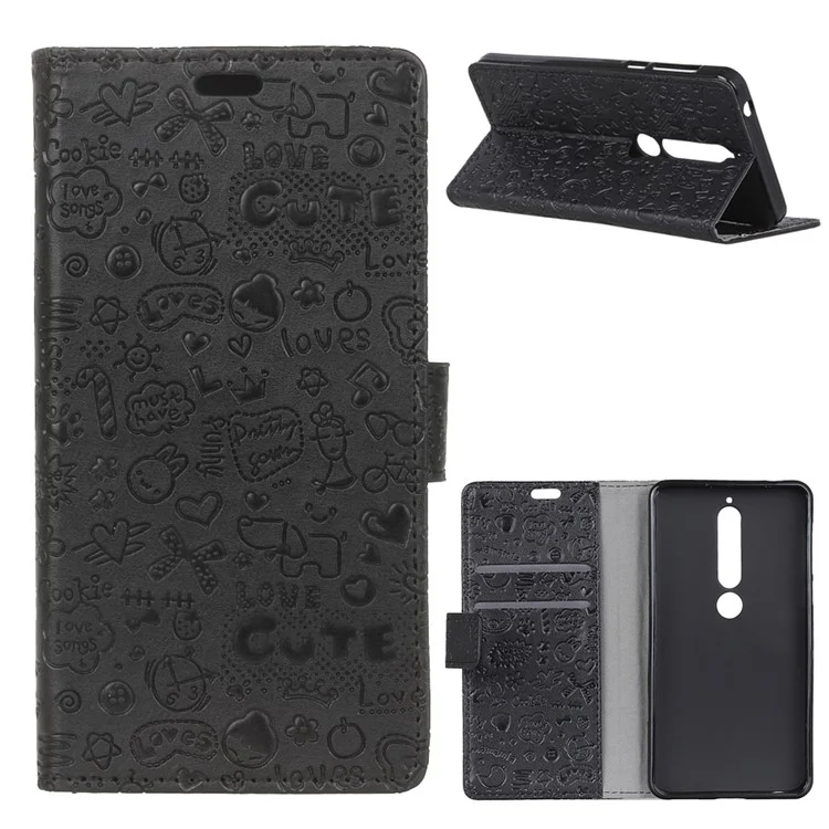 Cartoon Graffiti PU Leather Wallet Stand Cover for Nokia 6.1 (5.5-inch) - Black