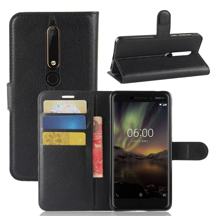 Litchi Texture PU Leder Brieftasche Stand Handy Shell Für Nokia 6.1 (5,5 Zoll) - Schwarz