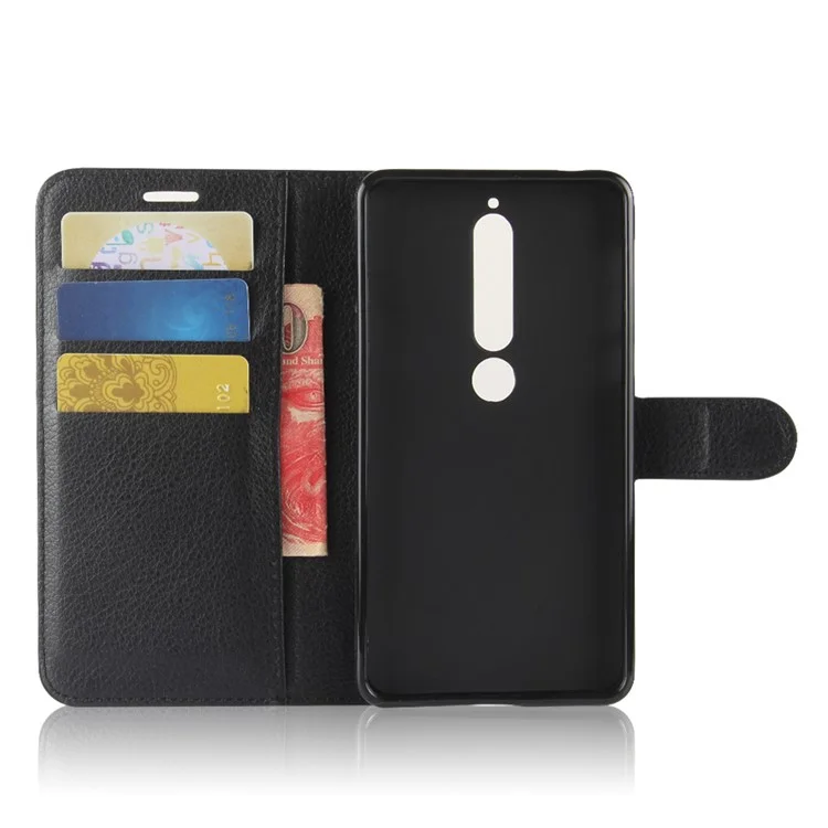 Litchi Texture PU Leather Wallet Stand Mobile Phone Shell for Nokia 6.1 (5.5-inch) - Black