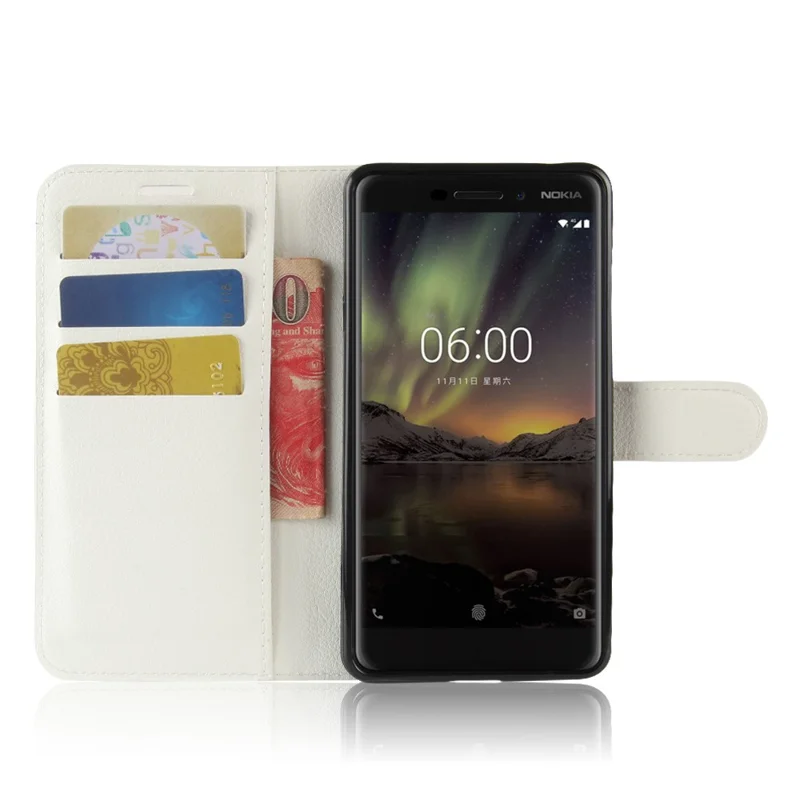 Litchi Texture PU Leather Wallet Stand Mobile Phone Shell for Nokia 6.1 (5.5-inch) - White