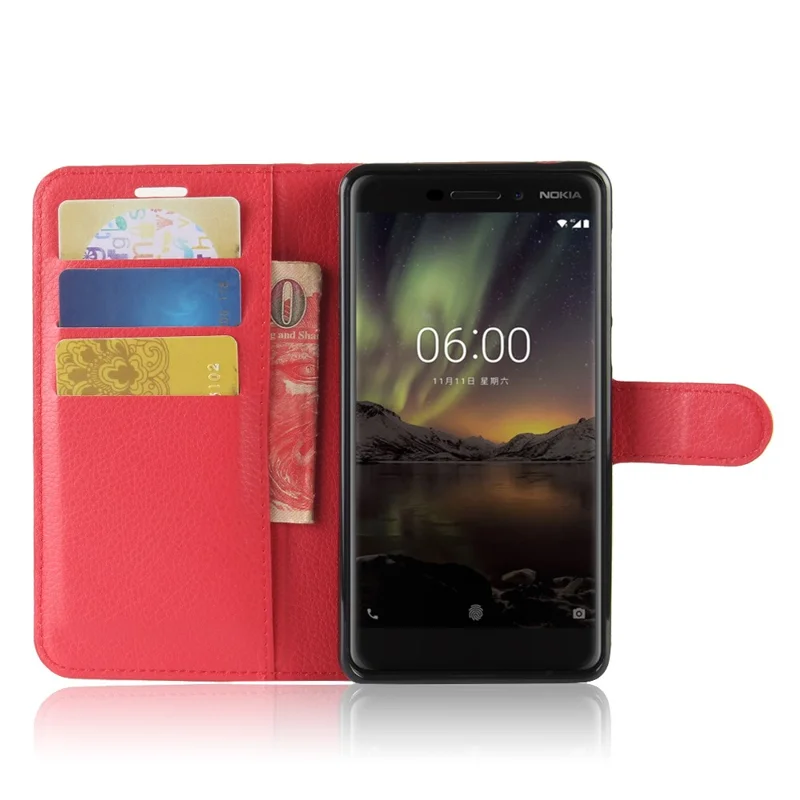 Litchi Texture PU Leather Wallet Stand Mobile Phone Shell for Nokia 6.1 (5.5-inch) - Red