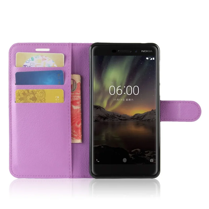 Litchi Texture PU Leather Wallet Stand Mobile Phone Shell for Nokia 6.1 (5.5-inch) - Purple