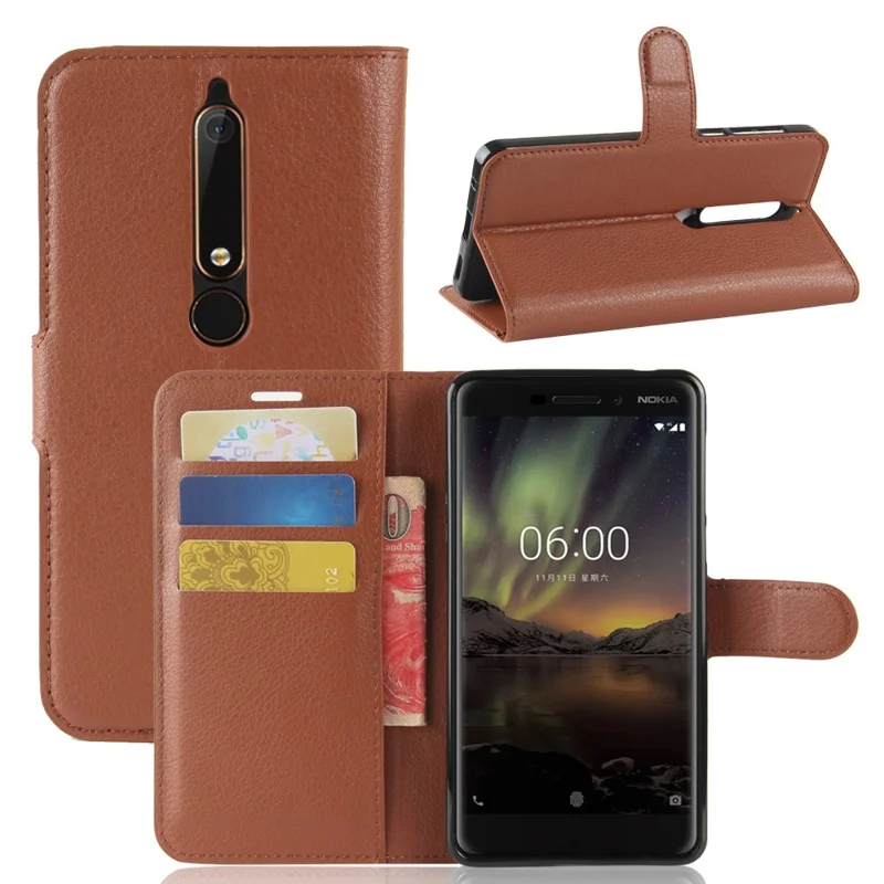 Litchi Texture PU Leather Wallet Stand Mobile Phone Shell for Nokia 6.1 (5.5-inch) - Brown