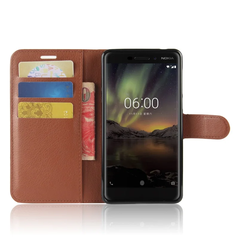 Litchi Texture PU Leather Wallet Stand Mobile Phone Shell for Nokia 6.1 (5.5-inch) - Brown
