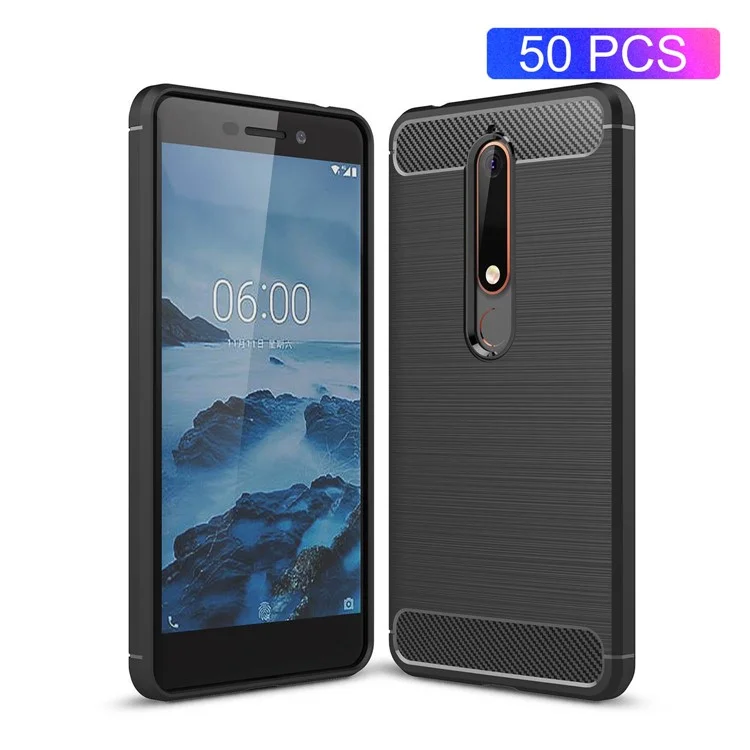 50Pcs/Set Carbon Fiber Texture Brushed TPU Back Case for Nokia 6.1 (5.5-inch) - Black