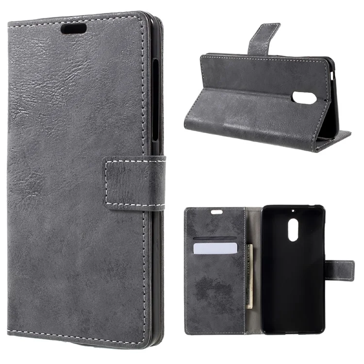 Retro Style Leather Wallet Mobile Phone Cover for Nokia 6 - Grey